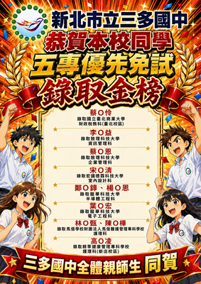 115年五專優先免試表現優異!感謝九導辛勤指導!