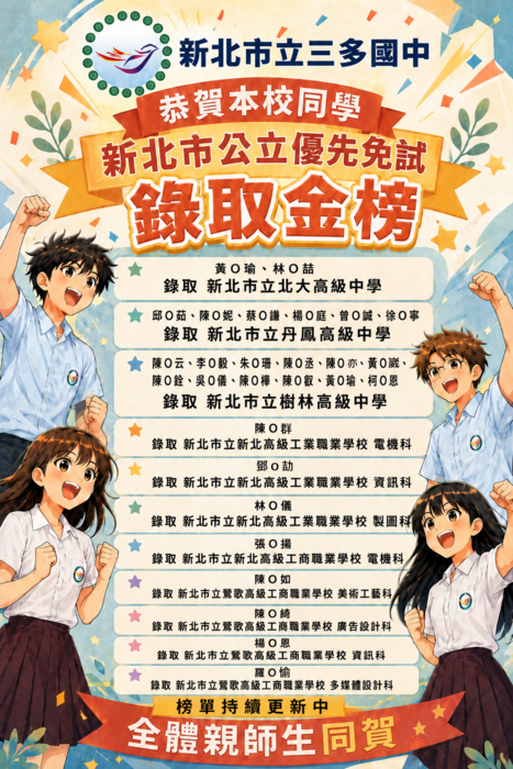 賀! 三多國中115年公立優先免試成績亮眼!
