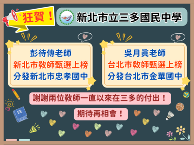 狂賀！本校彭待傳老師、吳月真老師 教師甄選上榜！圖片(另開新視窗)